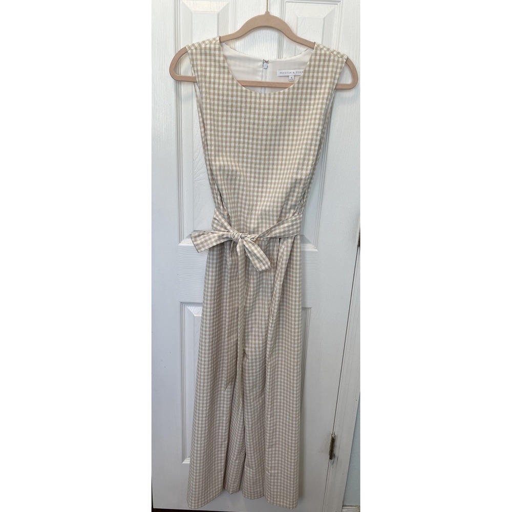 Preston & York Gingham Checked Jumpsuit Womens 18 Tan White Sleeveless Zip 22in